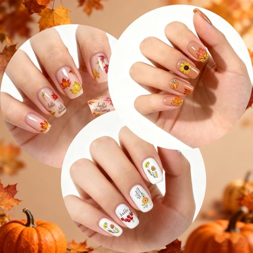 Allstarry Fall Nail Stickers 6 Sheets 3D Self-Adhesive Autumn Maple Leaves & Pumpkins