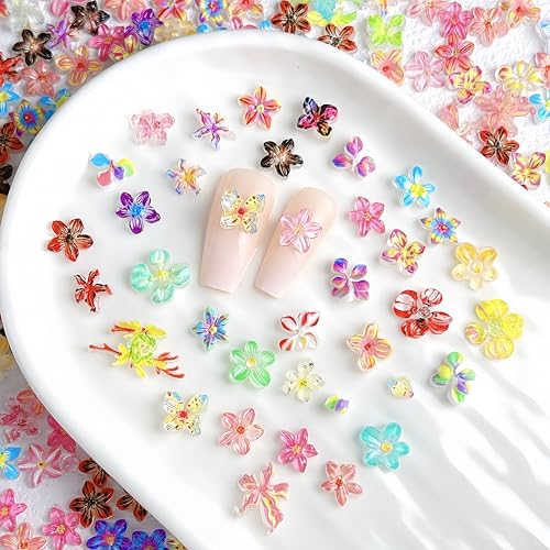 120Pcs 3D Resin Flower Nail Charms Colorful Hibiscus Flatback Floral Gems