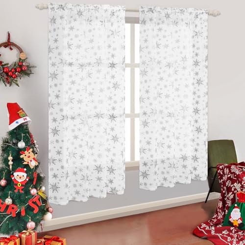 Christmas Sheer Curtains with Snowflake Foil Print, 52W x 63L, 2 Panels - White-Silver