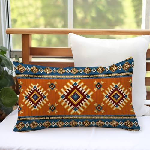 Southwest Native American Lumbar Pillow Cover, Blue Brown Geometric 12x20