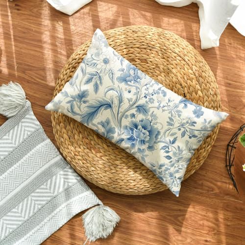 20x12 Inch Chinoiserie Floral Throw Pillow Cover - Blue Cushion Case for Sofa Couch Farmhouse