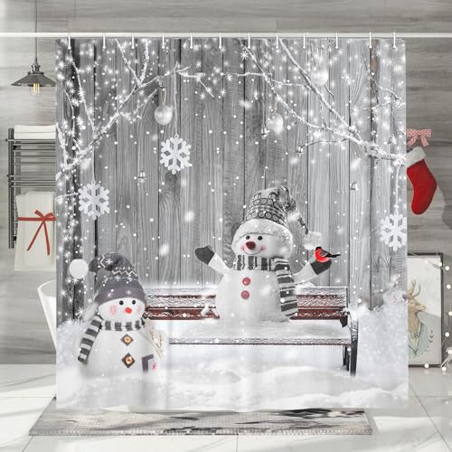 Grey Snowman Christmas Shower Curtain 72x72 Inches - Holiday Bathroom Decor