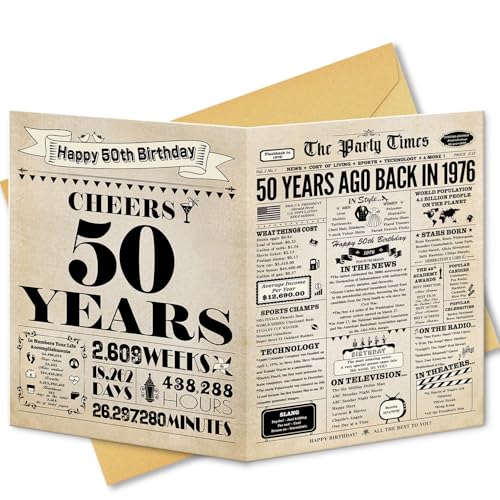 Vintage 50th Birthday Card with Envelope & Stickers - 8x13” Celebratory Greeting Card for Milestone Occasion - BGTCARDS