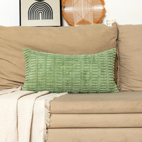 JoraLion Corduroy Lumbar Pillow Cover 12x24 Inch - Light Green Soft Cushion