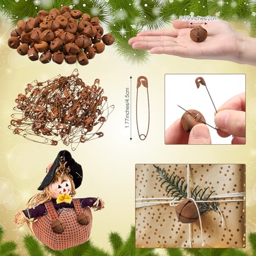 Rustic Christmas Jingle Bells with Safety Pins 0.79'' - Rusted Metal Decor Set