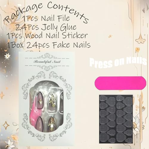 BUNLVDI Medium Almond Press on Nails French Tip Metal Star Fake Nails
