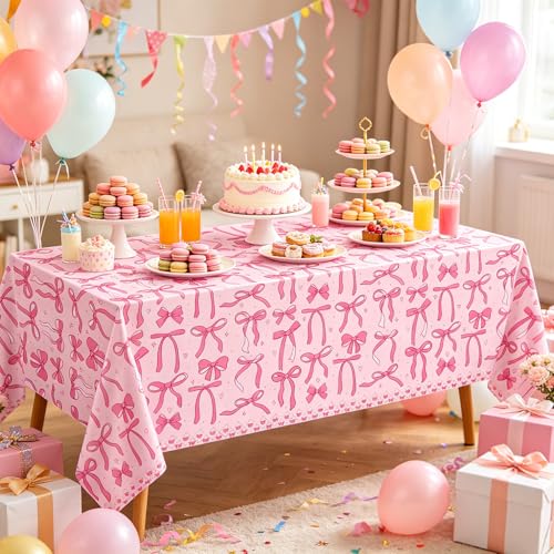 Coquette Party Tablecloths - 4 Pack Bow Design, 51x86 Inch