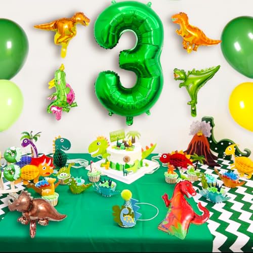 LilyZheng 3rd Birthday Dinosaur Decorations Green Number 3 Balloon with Mini Dino Balloons