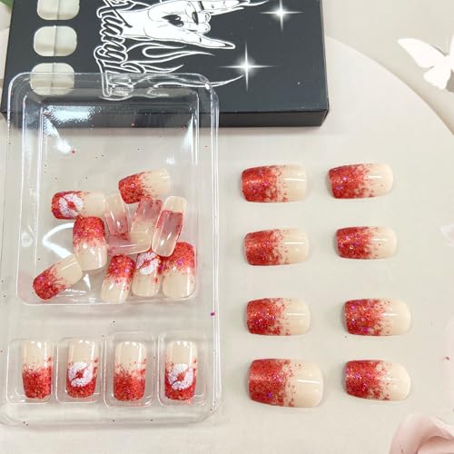 Vopintpy Romantic Glitter Lips Press on Nails Medium Square Fake Nails