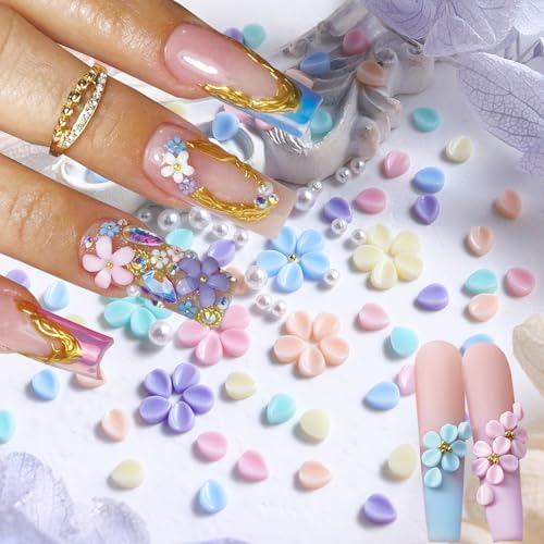 150Pcs 3D Floral Resin Nail Charms with Pearls and Rhinestones for Spring Summer Acrylic Nails