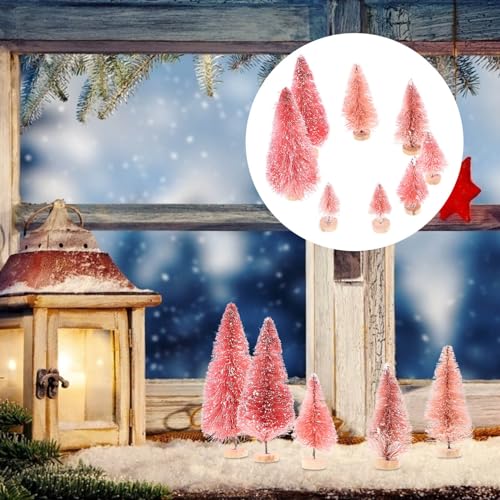 Mini Christmas Tree Set - 8 Pink Bottle Brush Trees with Snow & Wooden Base
