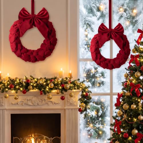 Christmas Velvet Wreath with Bow 14 Inch Front Door Decor in Red - Holiday Home Decoration