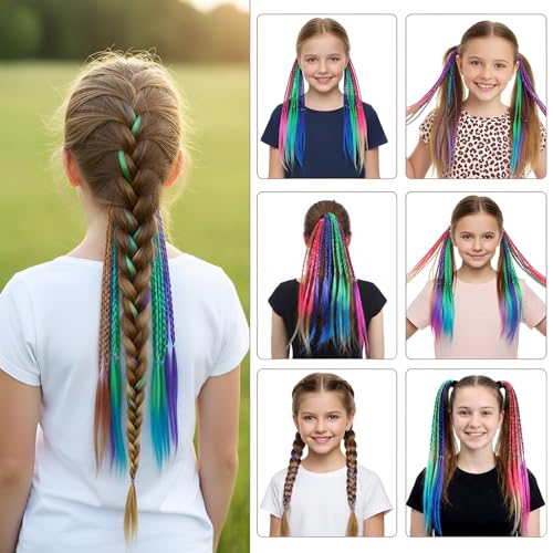 JJUNW 6-Piece Colorful Braided Hair Extensions 17-Inch Rainbow Ponytail