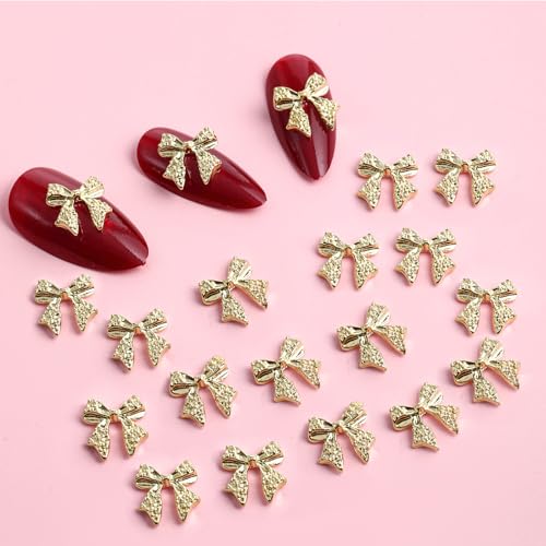 Gold Bow Nail Charms 3D Alloy Bowknot Decorations 20 Pcs