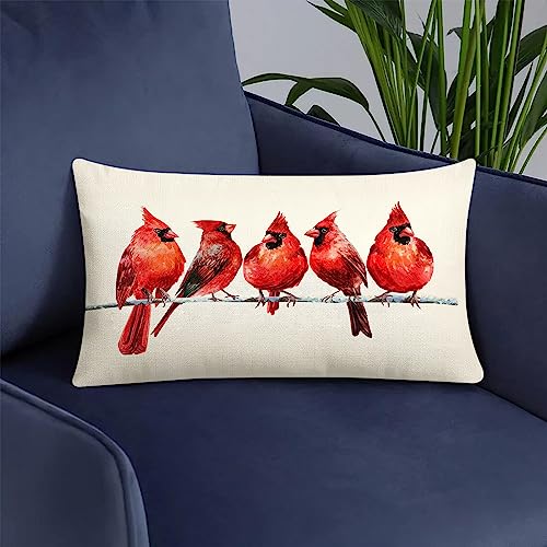 Watercolor Birds Throw Pillow Cover - Northern Cardinal 12x20
