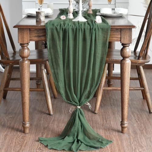 120 Inch Forest Green Boho Cheesecloth Gauze Wedding Table Runner - Seasonal Home Decor