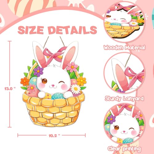 Easter Bunny Door Sign - Wooden Basket Wreath with Flowers & Eggs