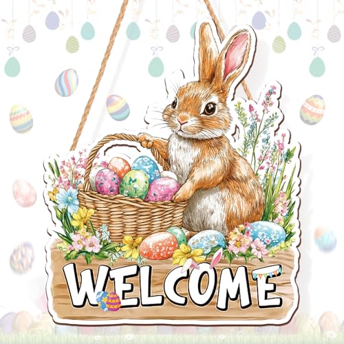 Easter Bunny Welcome Wooden Door Sign - Rustic Spring Decor