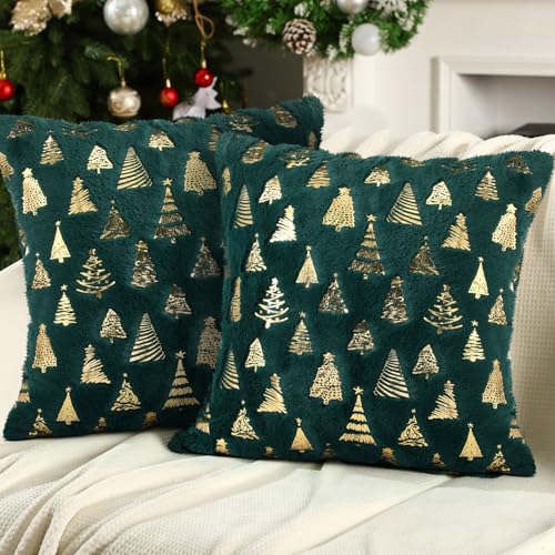 Amyhill Dark Green Christmas Tree Pillow Covers 18x18 - 2 Pack Plush