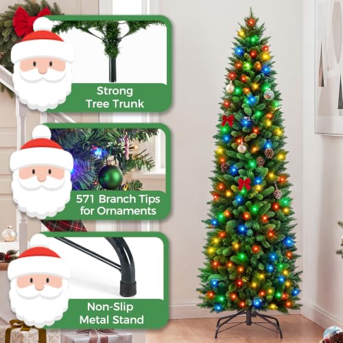 6 ft Pre-Lit Artificial Christmas Tree with Multicolor LED Lights - Green & Multicolor / Slim Profile