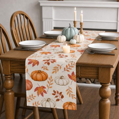 Thanksgiving Table Runner - Orange Pumpkins & Maple Leaves, 13x72"