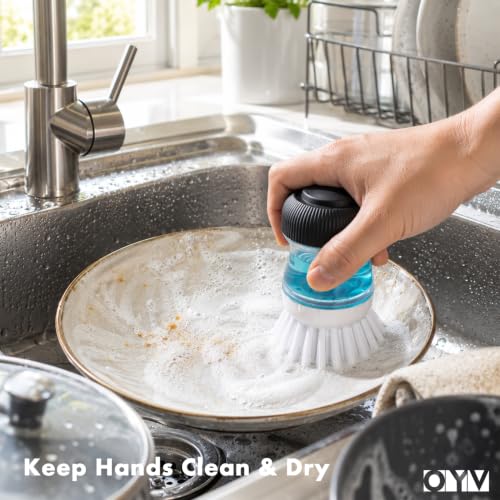 OYV Soap Dispensing Palm Brush - Durable Dish Scrub Brush, Black/Clear/White