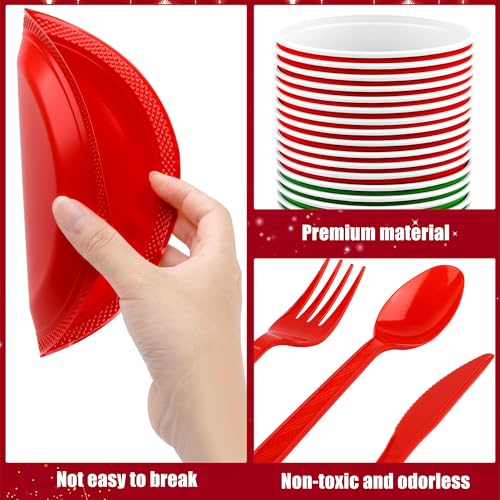 Christmas Party Disposable Dinnerware Set 400 Pieces Red & Green Includes Plates Cups Cutlery Napkins for Festive Events - Red, Green