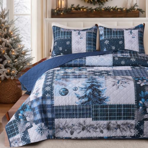 King Size Reversible Christmas Quilts Set with Holiday Tree & Holly Berry - Blue, 3 Piece