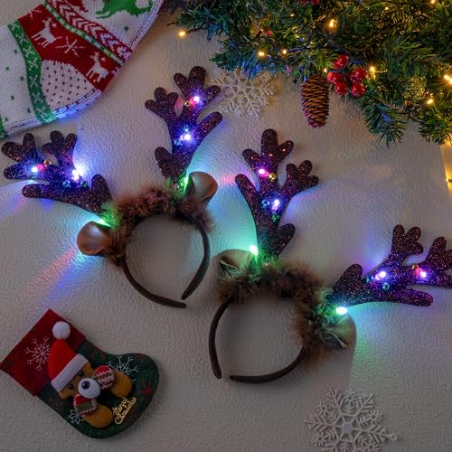 Christmas Light Up Reindeer Headband Set - Cute Holiday Party Favor for Adults & Kids (4 Pack)