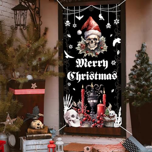 Gothic Christmas Door Cover Banner - Merry Christmas Skull Holiday Decor