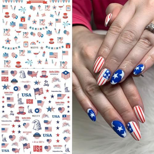 BUNLVDI 6 Sheets 4th of July Independence Day Nail Art Stickers Decals