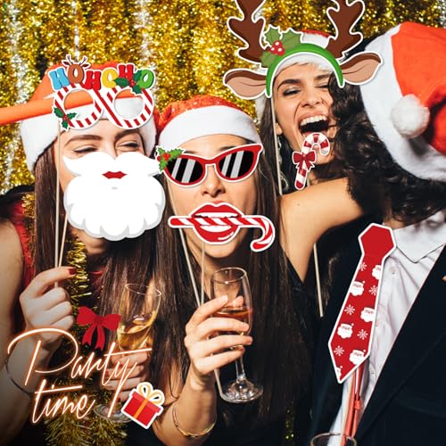 Christmas Photo Booth Props 31-Piece Set with Sticks for Holiday Parties