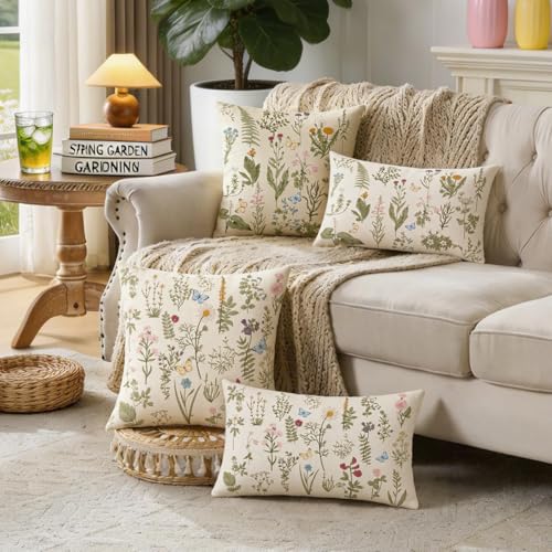 Spring Floral Pillow Covers 18x18 Pack of 2 Sage Green Farmhouse Decor