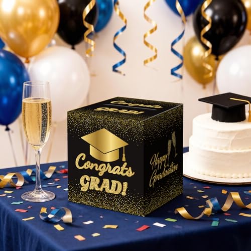 Black Gold Graduation Card Box 2026 - Elegant Party Decoration