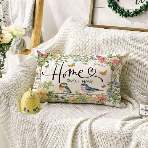 AVOIN colorlife Home Sweet Home Birds Floral Throw Pillow Cover - 12x20
