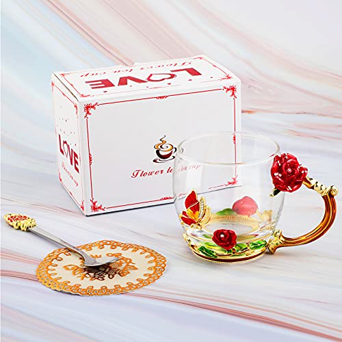 WD&CD Rose Butterfly Glass Tea Coffee Mug Set with Spoon & Coaster - Red Short