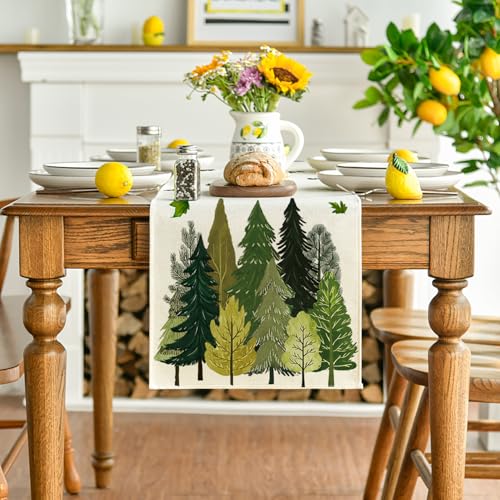 Fallen Leaves Pine Forest Summer Table Runner 13x72 Inch Beige-Green Seasonal Decor