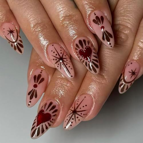 Valentine Press on Nails Medium Almond Heart Glossy Acrylic False Nails 24Pcs