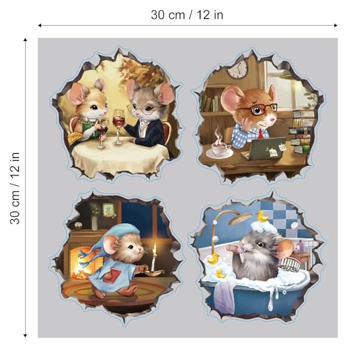Whimsical Mouse Wall Decals - 4 Pack 5.9" Eco-Friendly Vinyl