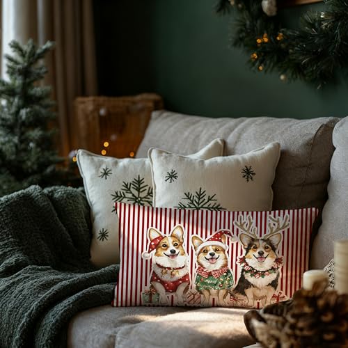 DAYOUER Red2 Corgi Christmas Pillow Cover 12x20 Double-Sided Festive Decor