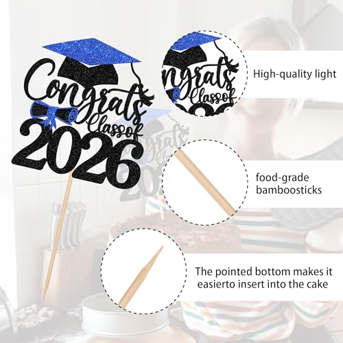 Congrats Grad 2026 Cake Topper Blue Glitter Graduation Party Decoration
