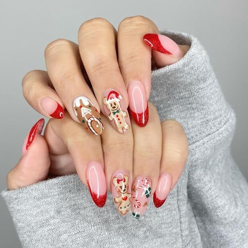 Christmas Almond Press on Nails Red French Xmas Bear Candy False Nails