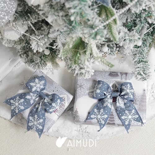 Dusty Blue Christmas Bows for Wreaths 6-Inch Snowflake Burlap Gift Wrap Decorations - 12 Pcs