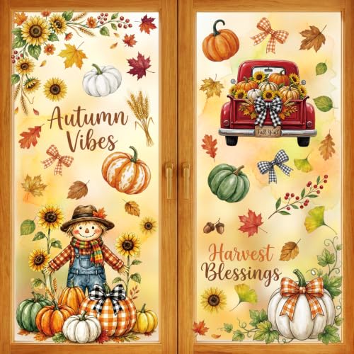Autumn Window Clings Decor - 9 Sheets Pumpkin & Leaf Stickers