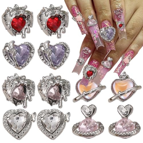 Sutaozhi 12Pcs 3D Silver Heart Nail Charms and Rhinestones for DIY Manicure