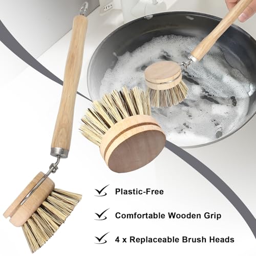 Harskiyer 5-Piece Wood Dish Brush Set with 4 Replaceable Heads