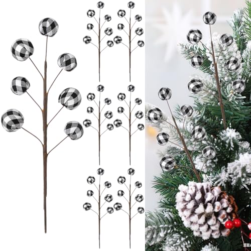 Christmas Buffalo Plaid Ball Picks - Black and White 12 Inch Set of 6