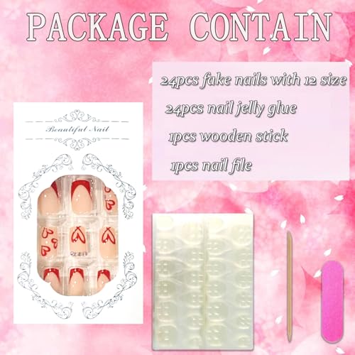 Press On Nails Medium Square Glossy Acrylic False Nails with Heart Designs