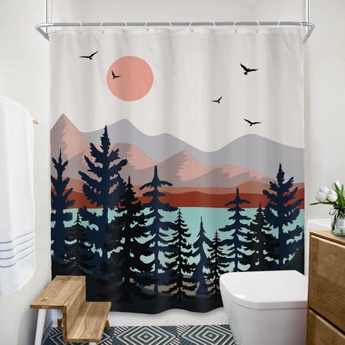 Abstract Mountain Shower Curtain, Boho Mid Century Modern Bath Decor 60x72