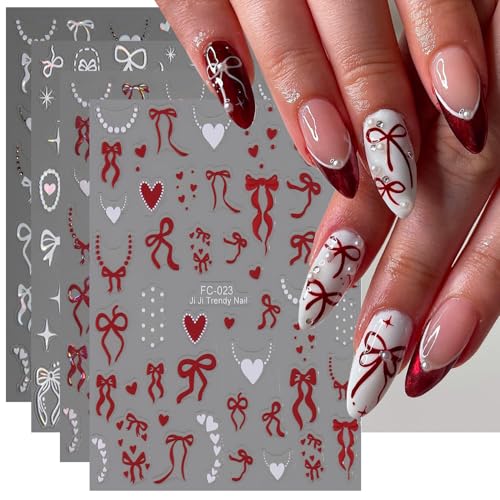 4 Sheets 3D Bow and Heart Nail Art Stickers, Self-Adhesive Y2K Nail Decals